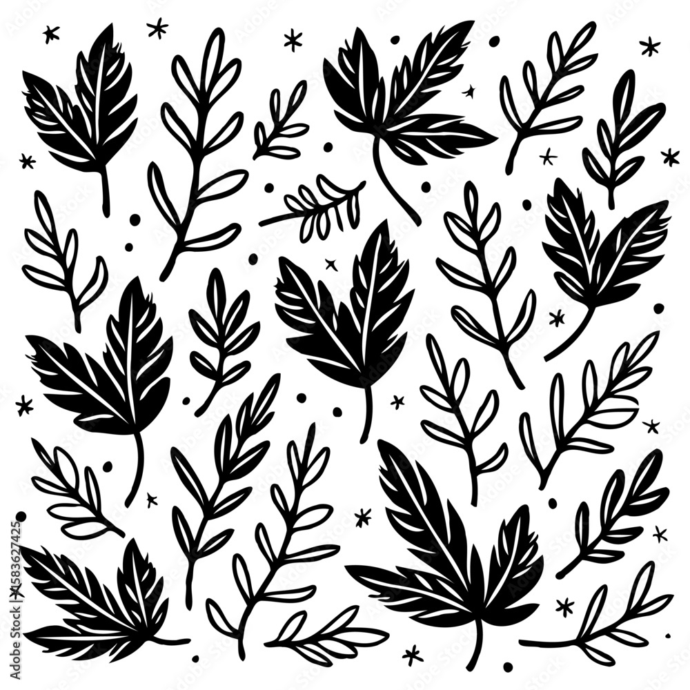 Fototapeta premium Monochrome botanical arrangement of leaves and branch vector design drawing