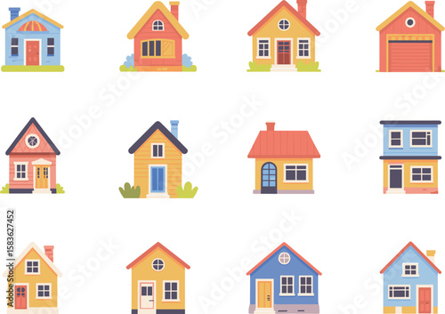 Set of twelve colorful cartoon houses with playful architecture, small family homes in flat style, ideal for game design, real estate, or web icons