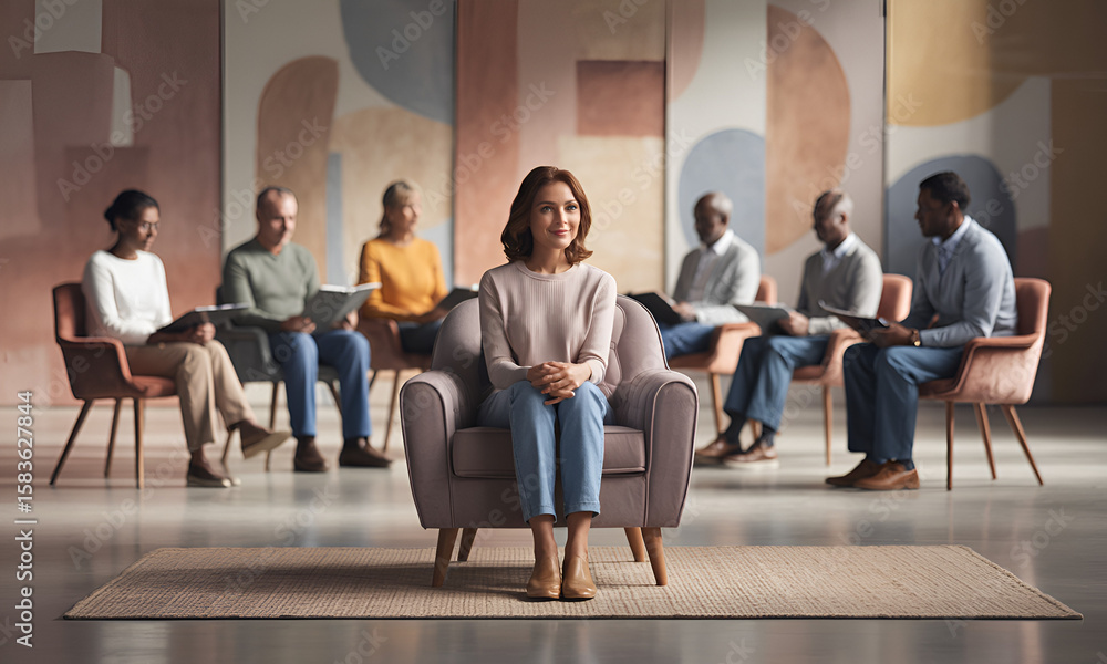 Fototapeta premium Group Therapy Session: Focused Individual in a Circle with Patients and the Therapist, No Commas