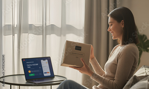 Joyful woman receiving a package in a modern interior, laptop nearby, indoor delivery
