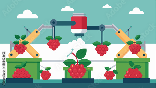 An overhead robotic system equipped with cameras and robotic arms precisely picking delicate raspberries without causing damage.. Vector illustration