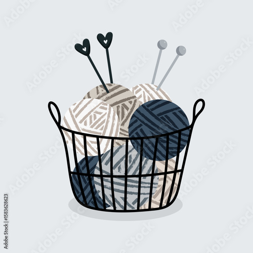 
Vector colorful yarn with knitting needles in an iron basket. Ball, skein of threads. Simple hand drawing. colors: white, gray, navy blue and beige. In crafts, handmade, hobby concept.Knitting.