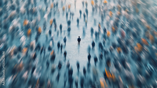 A single person standing still in a crowd of blurred people rushing past. Concept of mental overload and disconnection.