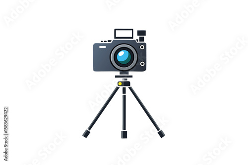 Camera stands firmly on a tripod, featuring a blue lens and studio setup; transparent background