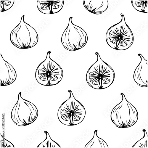 Seamless fig pattern background illustration with black outline sketch drawing