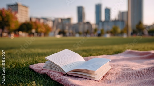 Open Book on a Pink Blanket in a Park with a City Skyline at Sunset