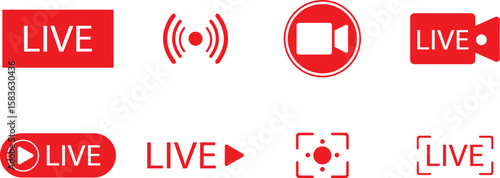 Live Broadcast Icon Set – Red and White Silhouettes Featuring Cameras, Play Buttons, Arrows, and Signal Waves  for Streaming Graphics