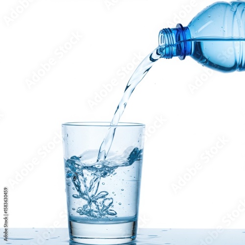 Wallpaper Mural Clear water being poured from a blue bottle into a glass isolated on white background Torontodigital.ca