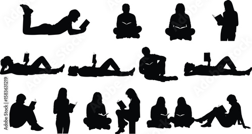 Silhouettes of people reading books in various sitting and lying positions, leisure education concept, students or readers isolated on white background, relaxing study time