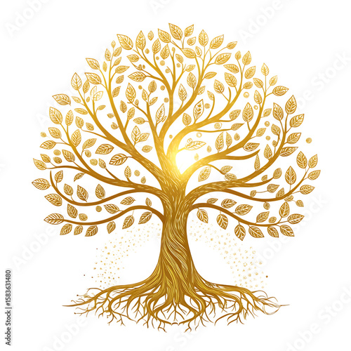 Golden tree of life with intricate roots and leaves on a black background