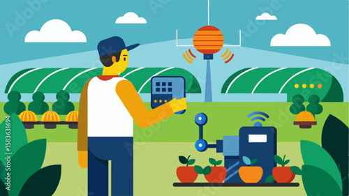 Automated monitoring and control systems can be accessed remotely giving farmers the ability to manage and adjust greenhouse conditions even when they are not on site.. Vector illustration