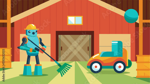 An autonomous cleaning robot that navigates through the barn sweeping and sanitizing floors to maintain a clean and hygienic environment for animals.. Vector illustration