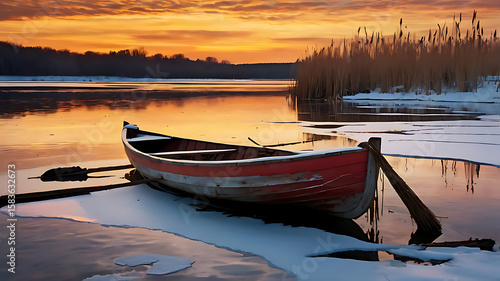 A Red Canoe on an Icy Lake at Sunset,4k 