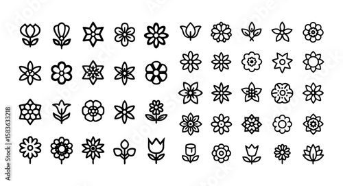 Cosmetic Flowers Line Icon Set – Thin Linear Vector Pictograms of Jasmine, Calendula, Ylang-Ylang, Geranium, Peony, Neroli, Helichrysum, Freesia, and Magnolia Blossoms