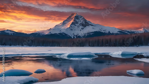 A Majestic Winter Sunset Over an Icy Mountain Lake, 4k