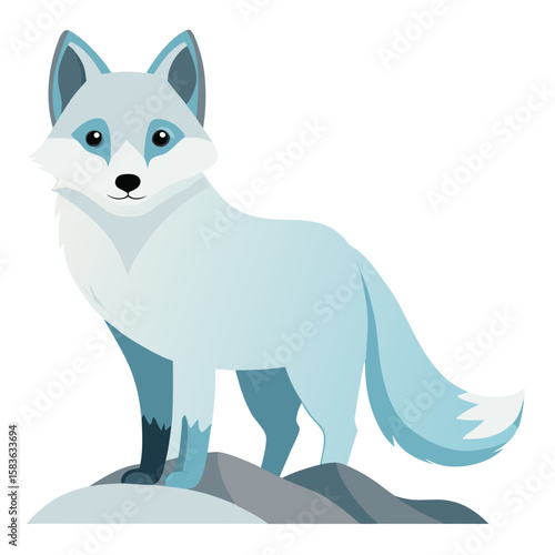Cute cartoon arctic fox standing on rocks isolated on white background