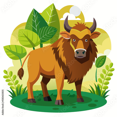 Illustration of a brown bull with a shaggy mane standing in a grassy field isolated on white background