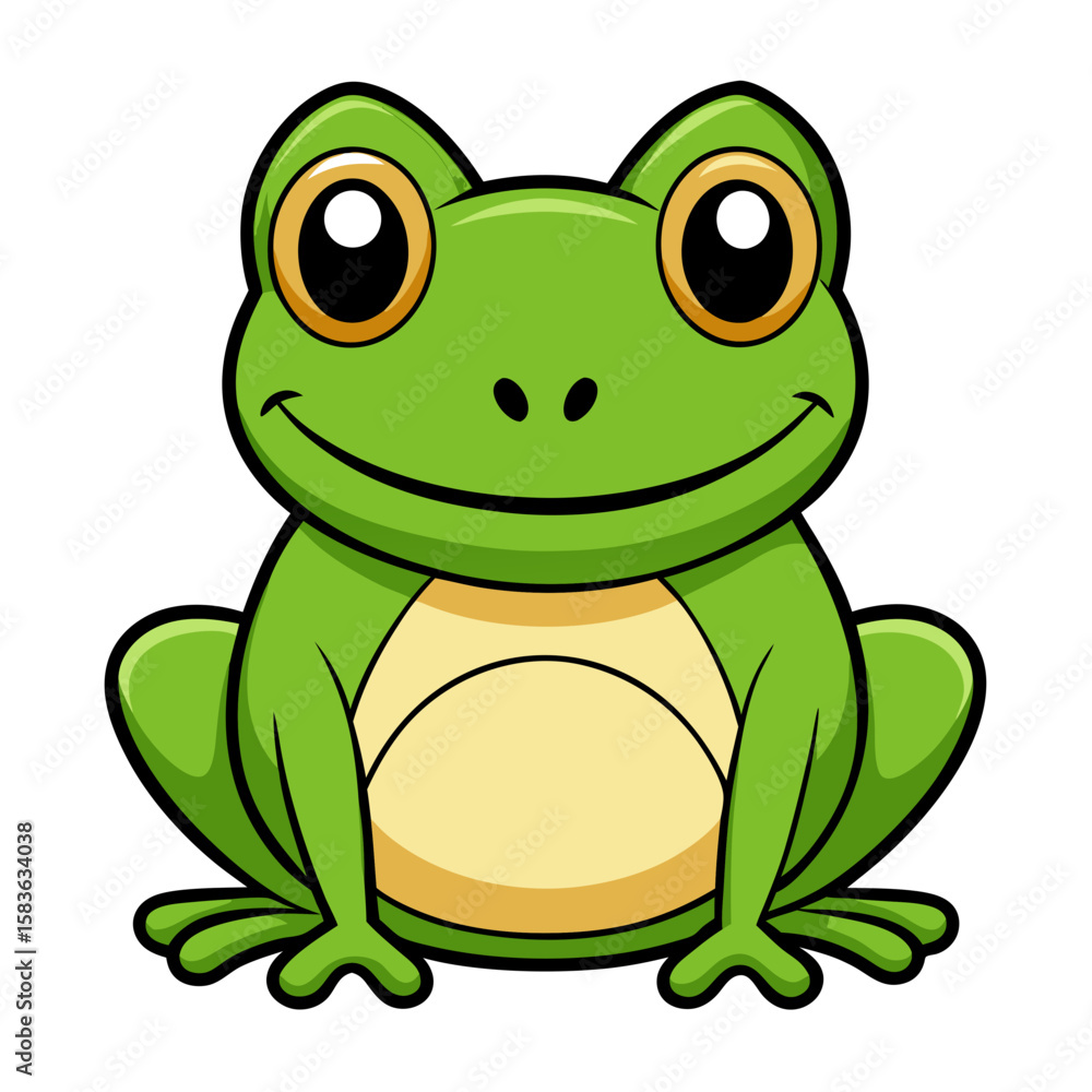 Fototapeta premium Cute cartoon green frog smiling and sitting isolated on white background