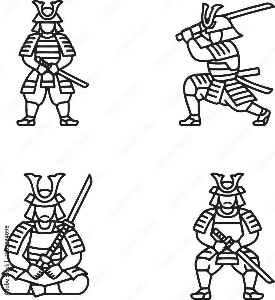 Fototapeta premium Set of Samurai Outline vector illustration isolated On Transparent Background