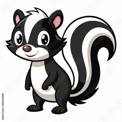 Cute cartoon skunk with black and white stripes isolated on white background
