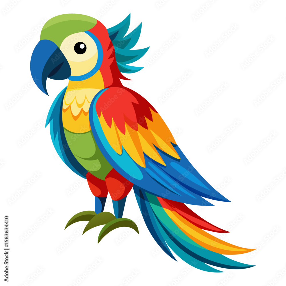 Fototapeta premium Colorful cartoon macaw parrot with vibrant feathers isolated on white background