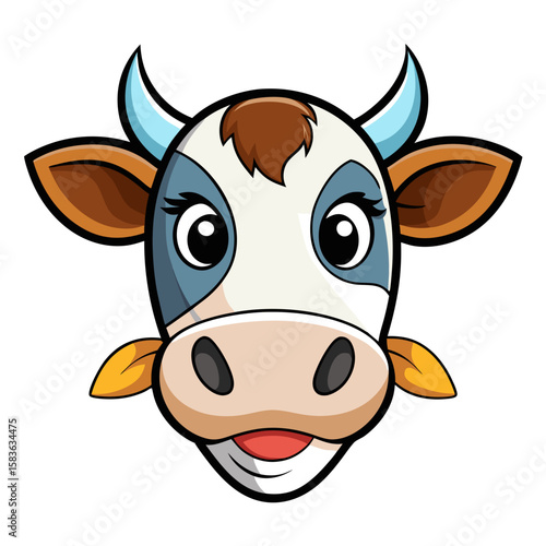 Cute cartoon cow face with blue horns and brown ears isolated on white background