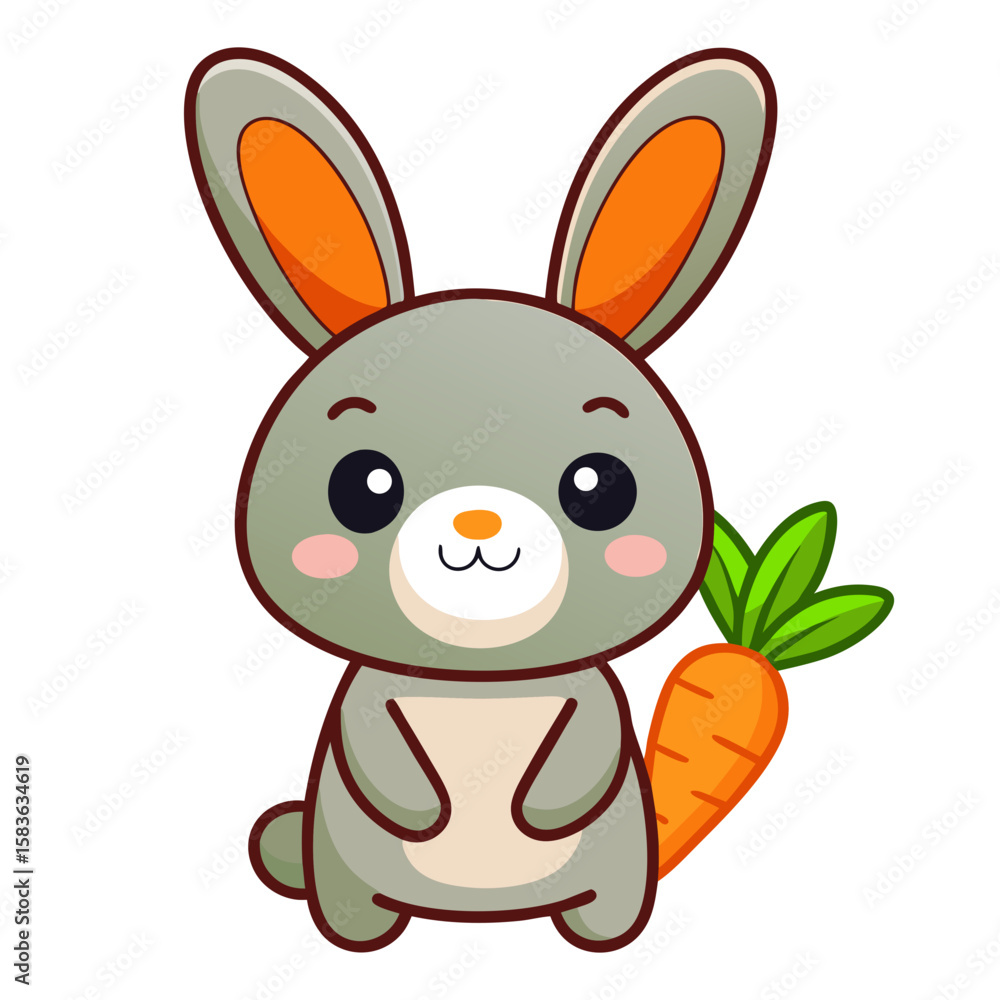Obraz premium Cute cartoon grey bunny rabbit with a carrot isolated on white background