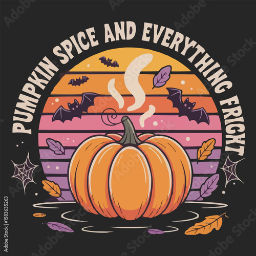 Pumpkin Spice and Everything Fright T-Shirt – Retro Halloween Pumpkin with Bats and Sunset