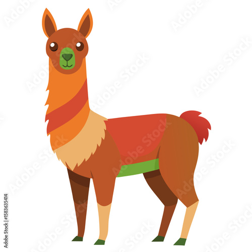 Cute cartoon llama with colorful stripes and blanket isolated on white background
