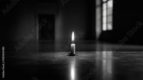 Single candle flame in dark room