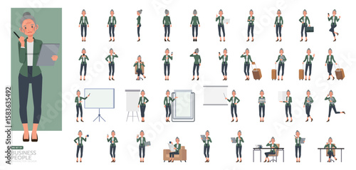 Big Set of Business woman with white hair tied up wear green shirt character vector design. People working in office planning, thinking and economic analysis.
