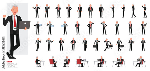 Big Set of Businessman wear black suit character vector design. People working in office planning, thinking and economic analysis. Presentation in various action.