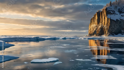 A Majestic Coastal Landscape with Ice Floes and a Cliff, 4k