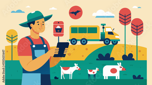 An illustration of a farmer using a mobile app to remotely operate automated feeding systems for their livestock.. Vector illustration