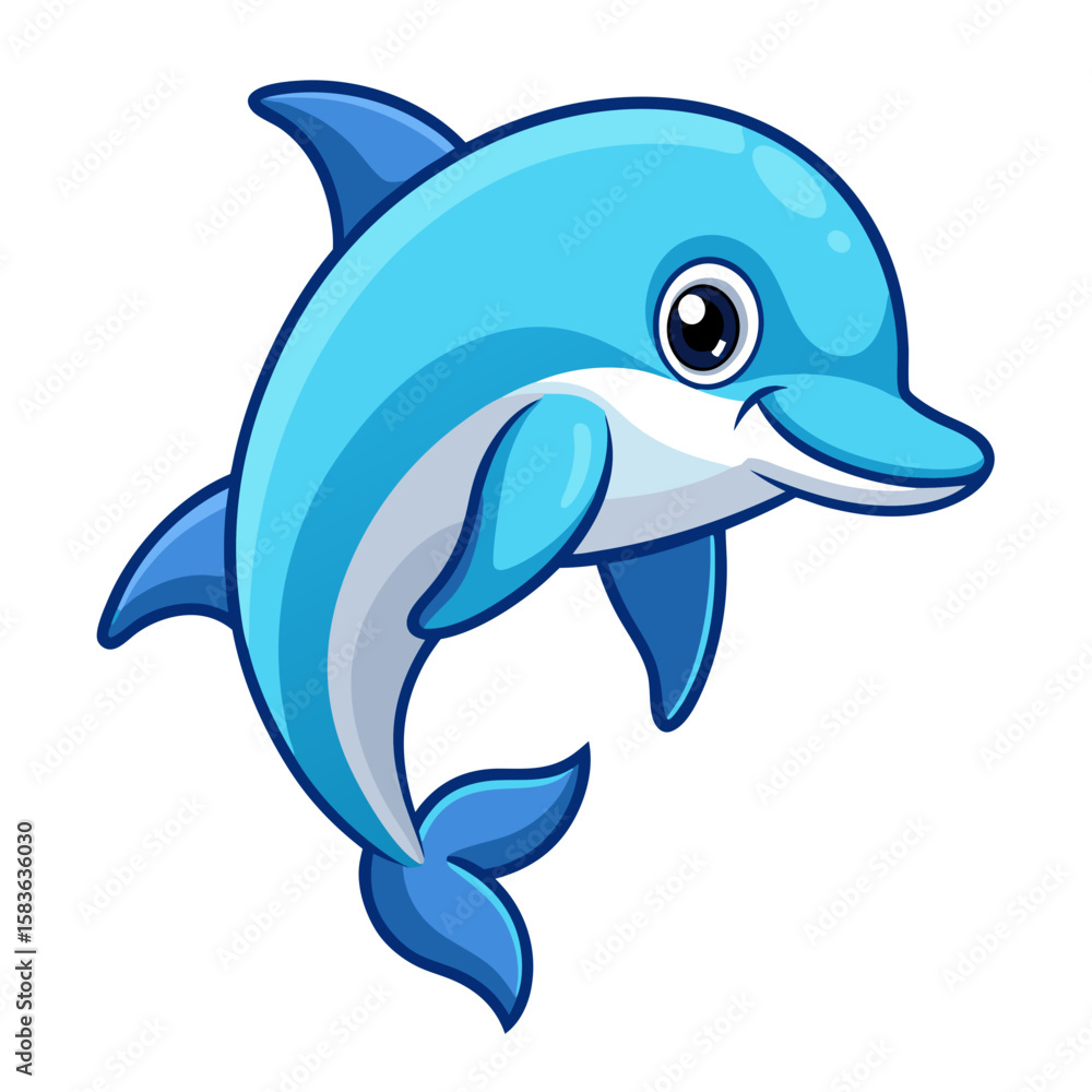 Naklejka premium Cute cartoon blue dolphin smiling and jumping isolated on white background
