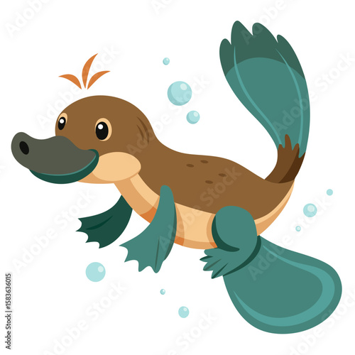 Cute cartoon platypus swimming with bubbles isolated on white background