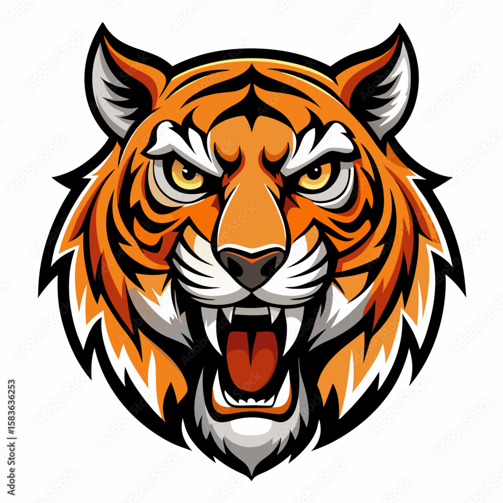 Obraz premium Fierce tiger head roaring with open mouth and sharp teeth isolated on white background
