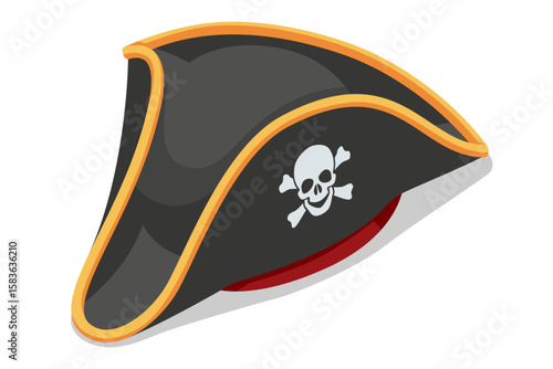 A classic Isometric black pirate hat adorned with a white skull and crossbones emblem, symbolizing swashbuckling adventure. Pirate, sea robber, Marauder, Desperado, Ruthless
