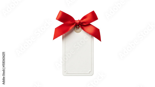 Elegant blank gift tag with a vibrant red bow against black background