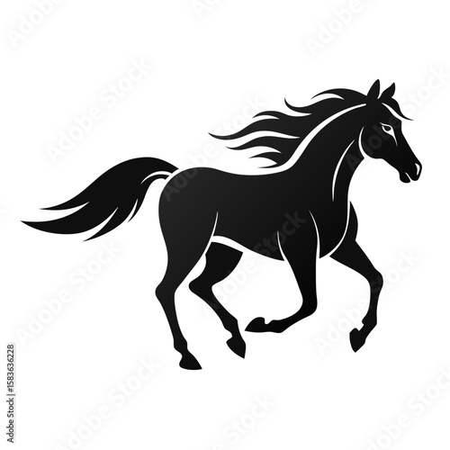 Elegant black silhouette of a galloping horse isolated on white background