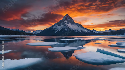 A Majestic Mountain Reflected in an Icy Lake at Sunset, 4k 
