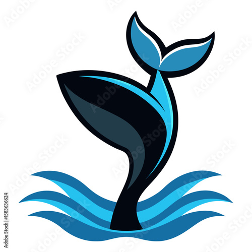 Stylized blue whale tail fin breaching ocean waves isolated on white background