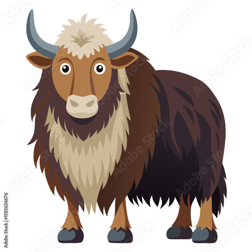Cute cartoon yak with long shaggy fur and horns isolated on white background