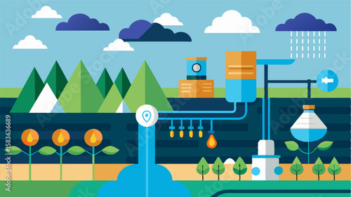 An automated irrigation system adjusting water levels based on weather forecasts and soil moisture sensors.. Vector illustration