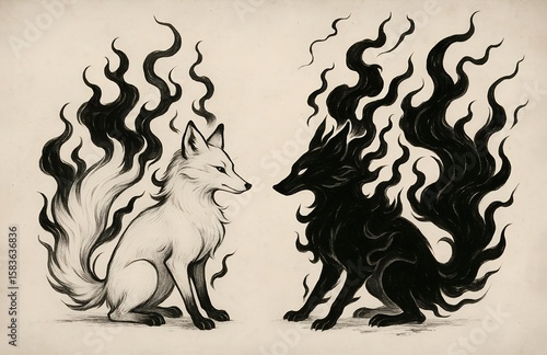 Yin Yang Foxes with Black Flames – Duality Art Illustration
