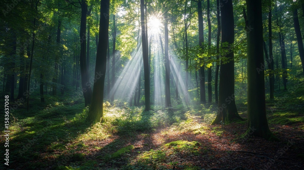 Obraz premium Exploring sunlight through lush forest canopy enchanted woods nature photography vibrant environment serene view captivating beauty