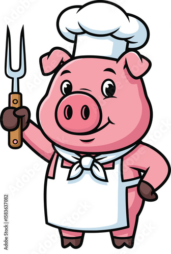 Cute Cartoon Pig Chef with Toque and Apron Holding a Fork, Ready to Cook Delicious Meals and Represent Culinary Arts, Fun Farm Animal Character