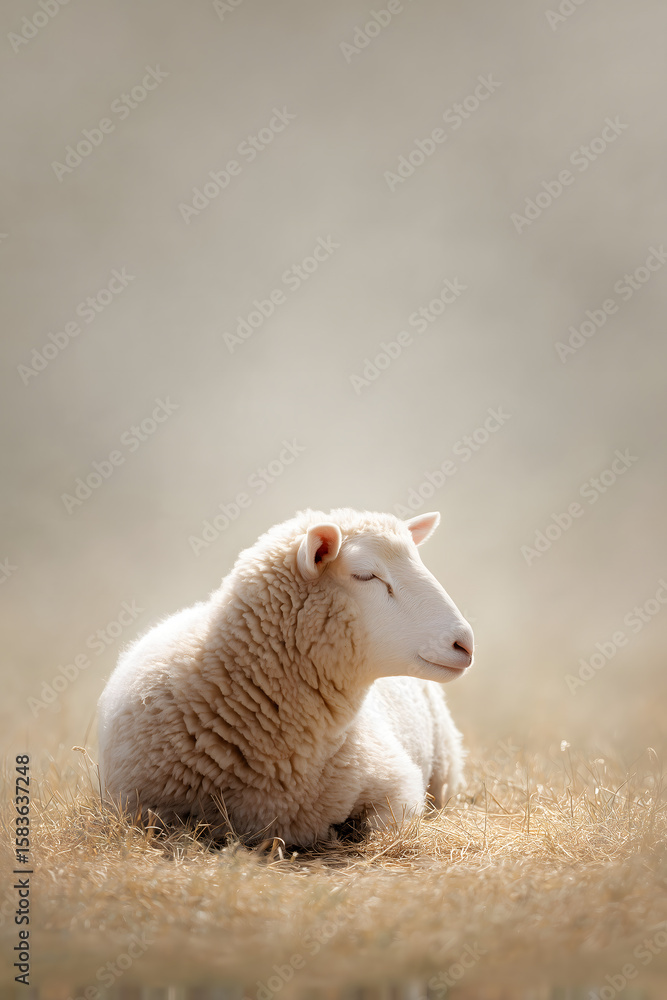 Obraz premium Sheep Resting Alone in a Misty Meadow