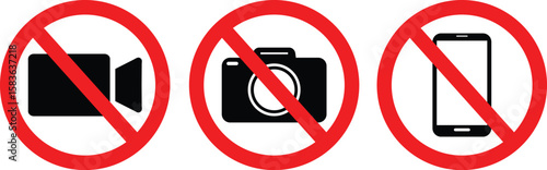 No Recording and Photography Sign – Red Circle Prohibition Icons for Video Camera, Photo Camera, and Smartphone Use on White Background