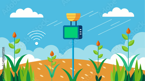 An illustration depicting the use of realtime soil moisture sensors in cropspecific farming such as in the case of waterintensive crops like rice or cotton.. Vector illustration